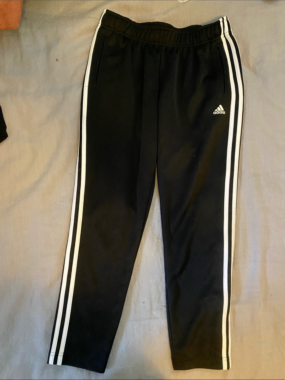 adidas Black Joggers with White Triple Stripes - button down sides